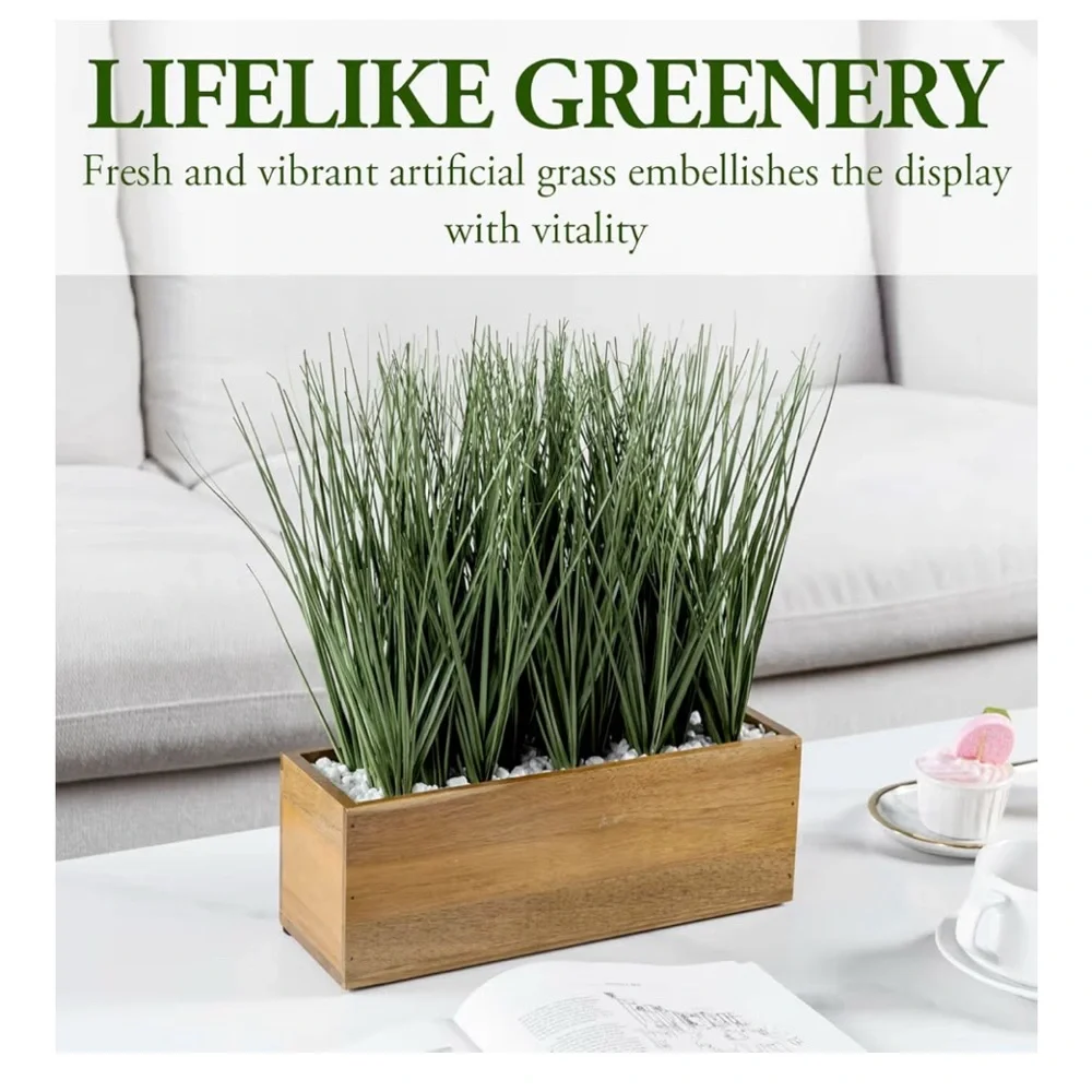 New MyGift Faux Grass Plants Wooden Acacia Planter 12